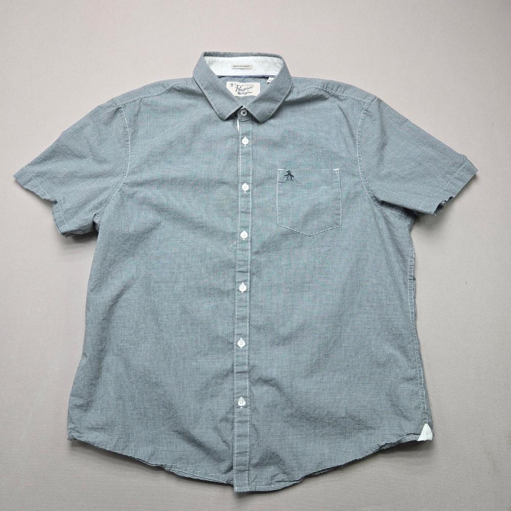 Original Penguin Shirt Heritage Slim Fit Gingham Check Navy Blue Mens XL Cotton
